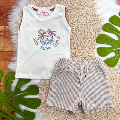  Conj. Regata Sun∙ Surf∙ Smile e Bermuda em Linho - Areia